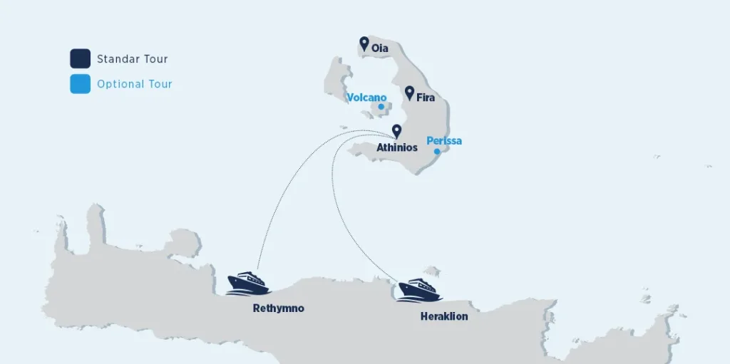 Mappa della traversata da Creta a Santorini, con i due porti di partenza